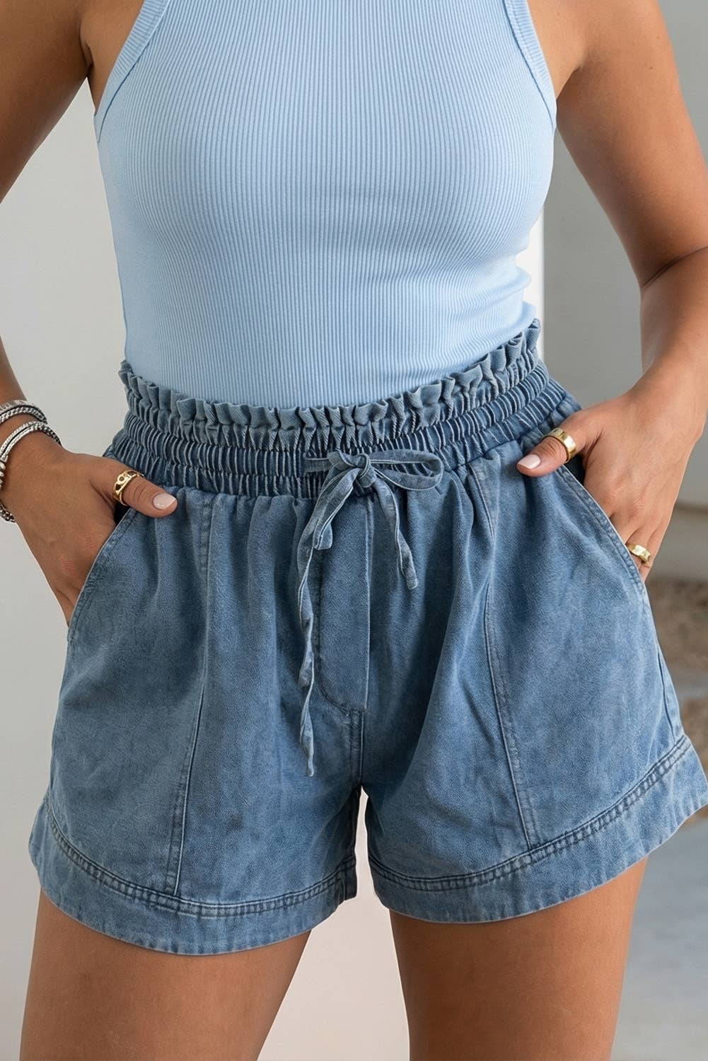 Smocked Waist Denim Shorts: Dusk Blue