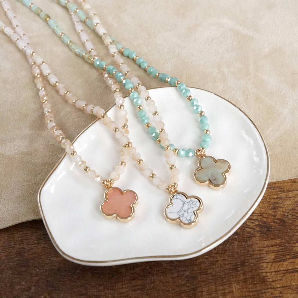 Short Beaded Clover Pendant Necklace with Semi-Precious Stone Beads: White