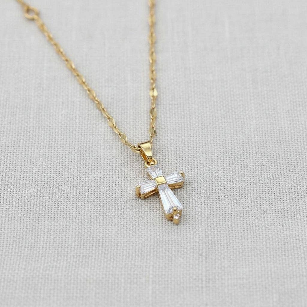 Gold Cross Pendant Necklace with Micro Pave Diamonds