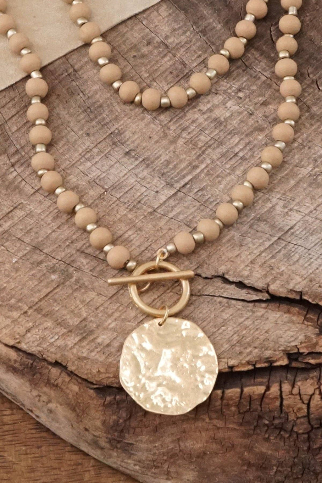 Wooden Bead Coin Toggle Necklace
