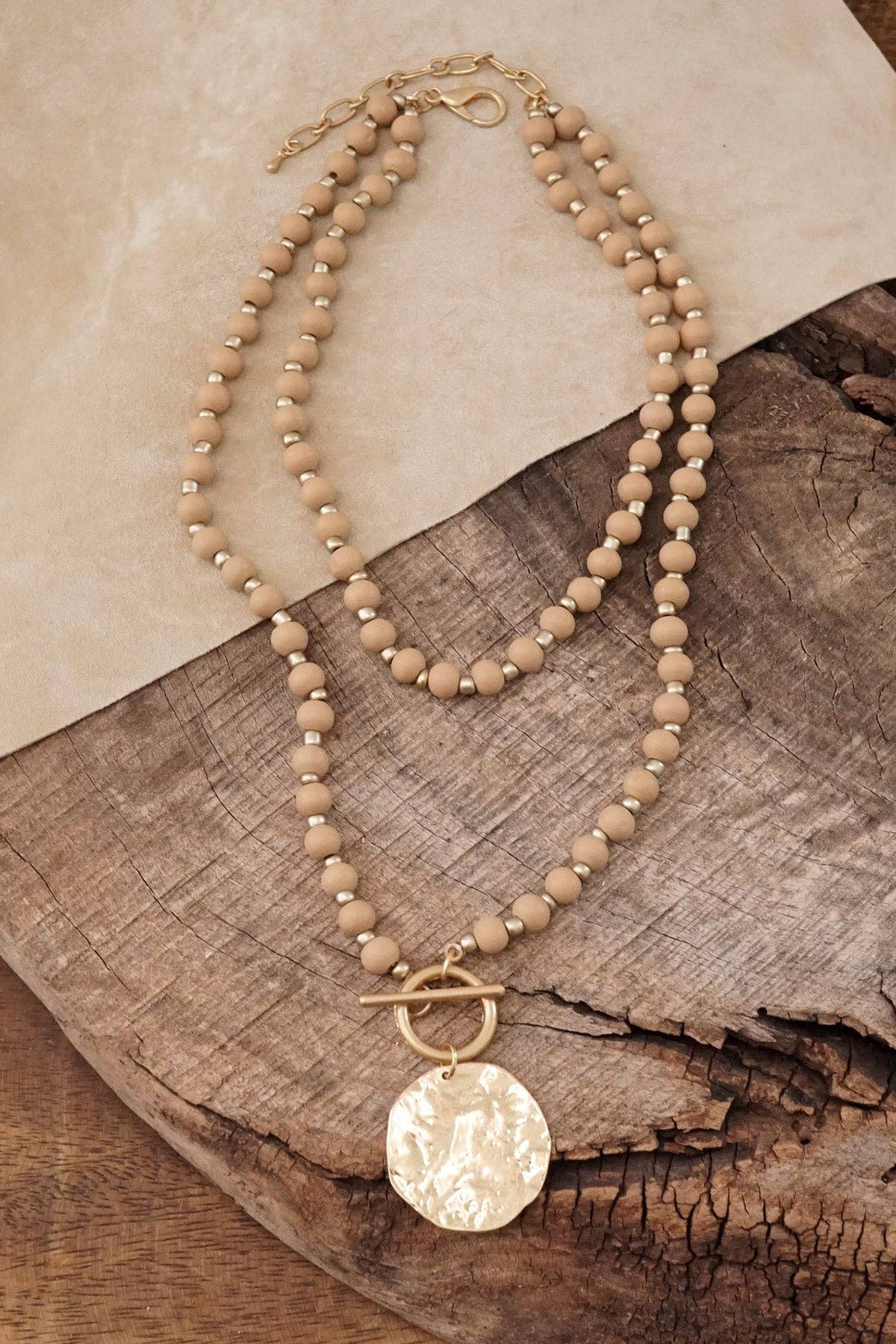 Wooden Bead Coin Toggle Necklace