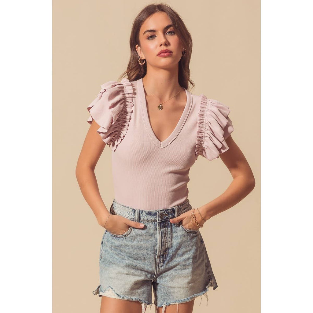 DEEP V NECK RIB KNIT BODYSUIT WITH RUFFLES: MAUVE