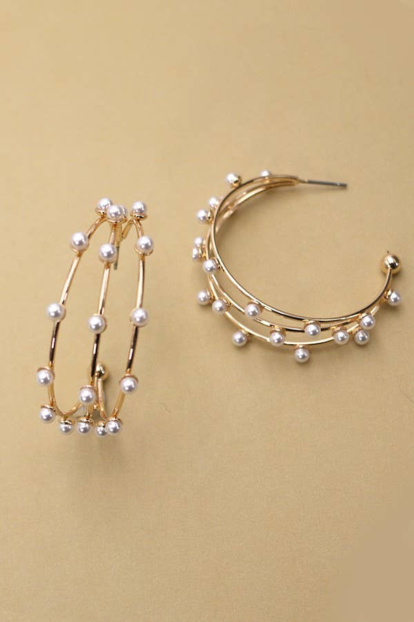 TRIPLE ROW WIRE PEARL HOOP EARRINGS  |   31E03785: Gold