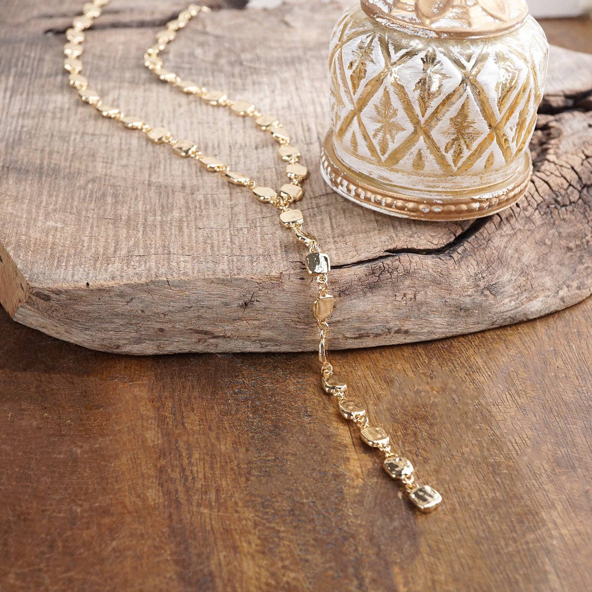 Desert Cascade – Textured Square Long Lariat Necklace: Gold Tone