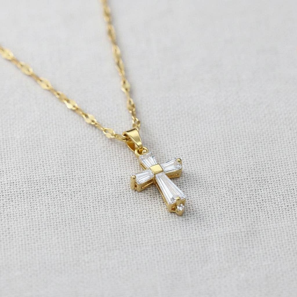 Gold Cross Pendant Necklace with Micro Pave Diamonds