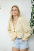 EMBROIDERED PATTERN LONG SLEEVE FRONT TIE CROP TOP : BUTTER YELLOW
