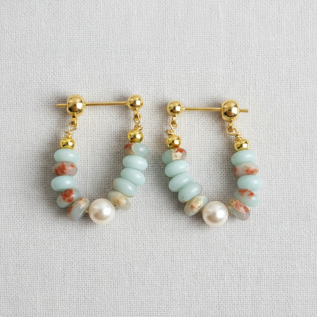 Beaded Emperor Stone and Freshwater Pearl Earrings