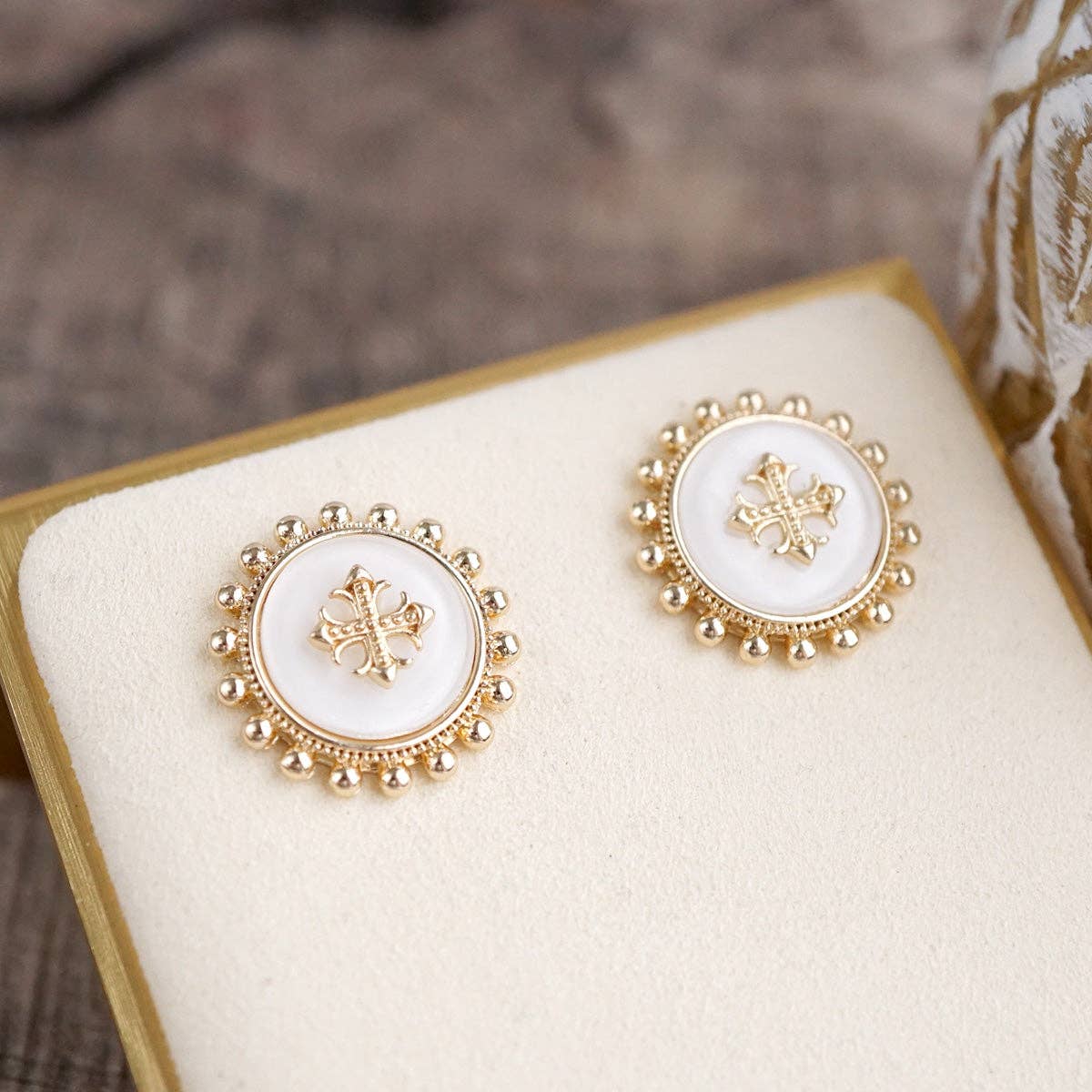 Sunlit Faith Cross Stud Earrings: White