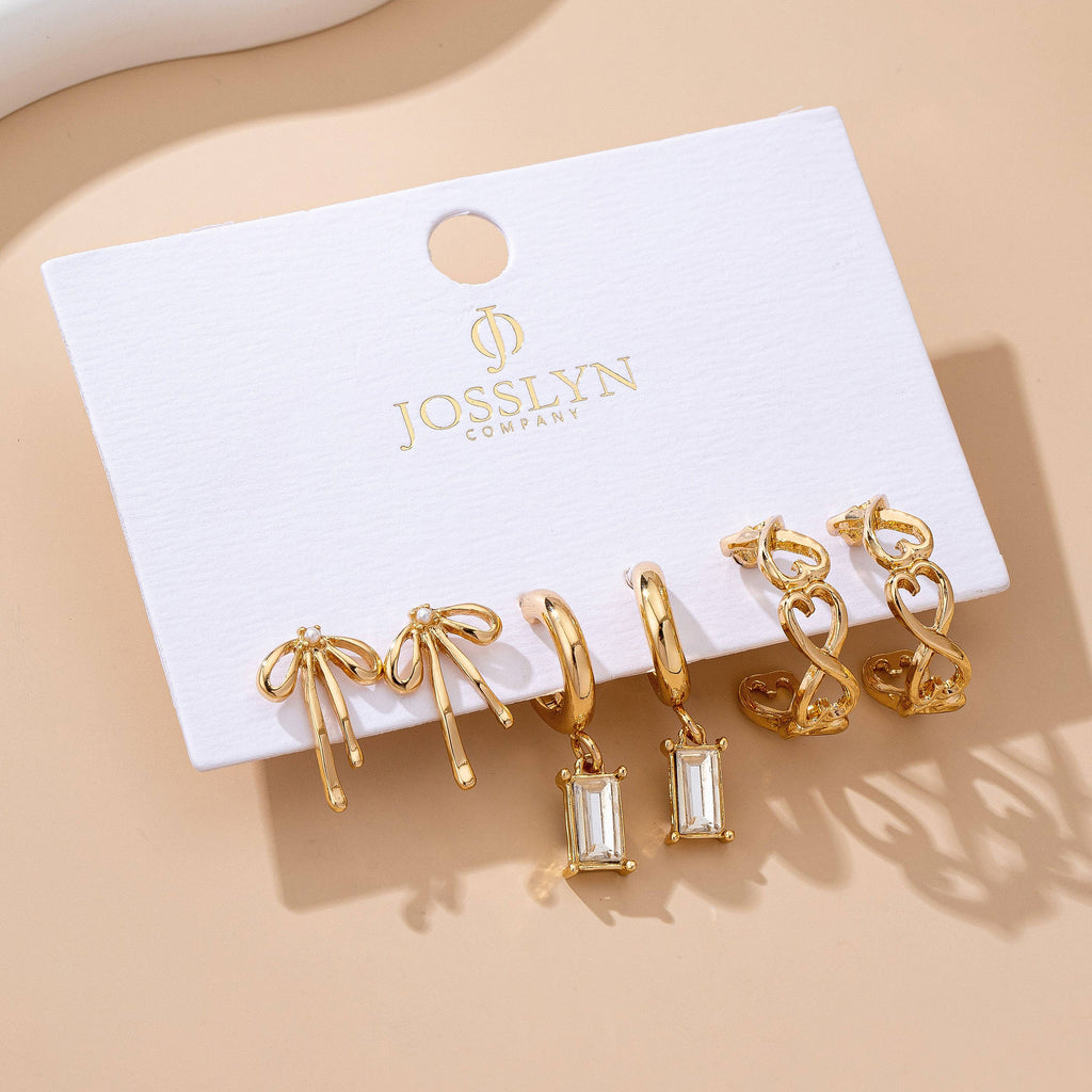 Baguette Stone Hoop, Bow Trio Earring Set | 80E61789: GOLD