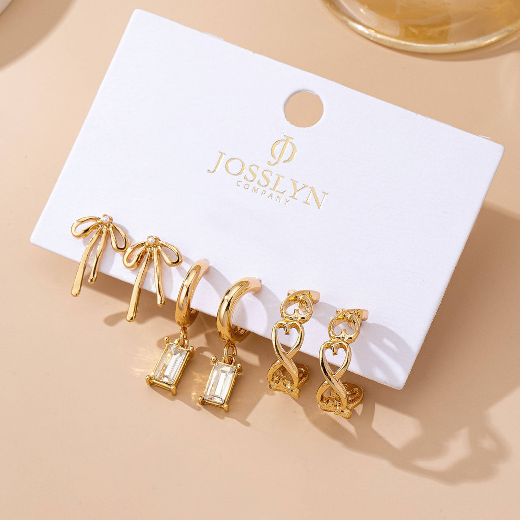 Baguette Stone Hoop, Bow Trio Earring Set | 80E61789: GOLD