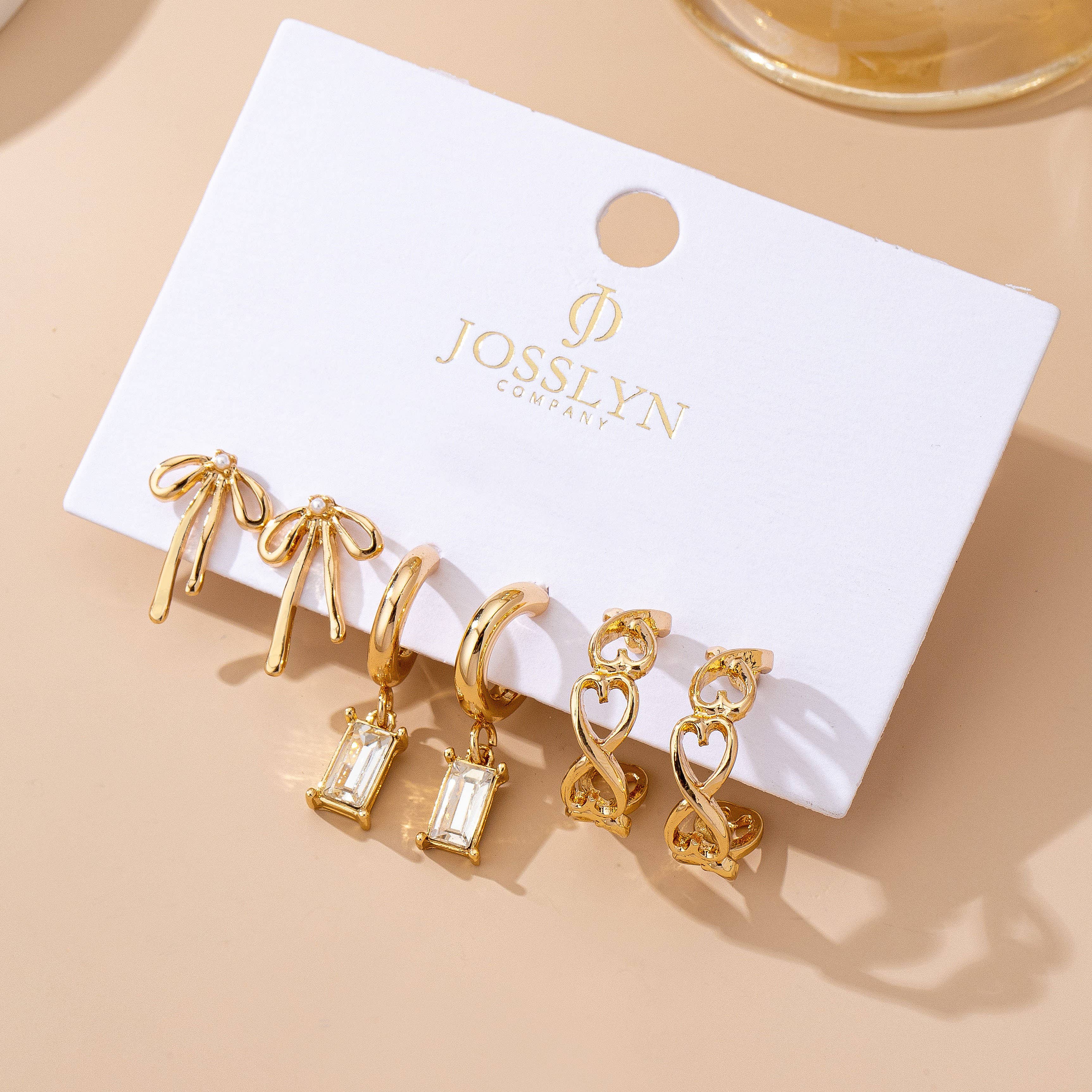 Baguette Stone Hoop, Bow Trio Earring Set | 80E61789: GOLD