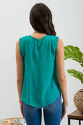 SLEEVELESS LACE EDGE WOVEN TOP: LIGHT TEAL