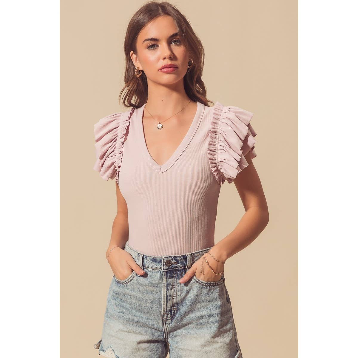DEEP V NECK RIB KNIT BODYSUIT WITH RUFFLES: MAUVE