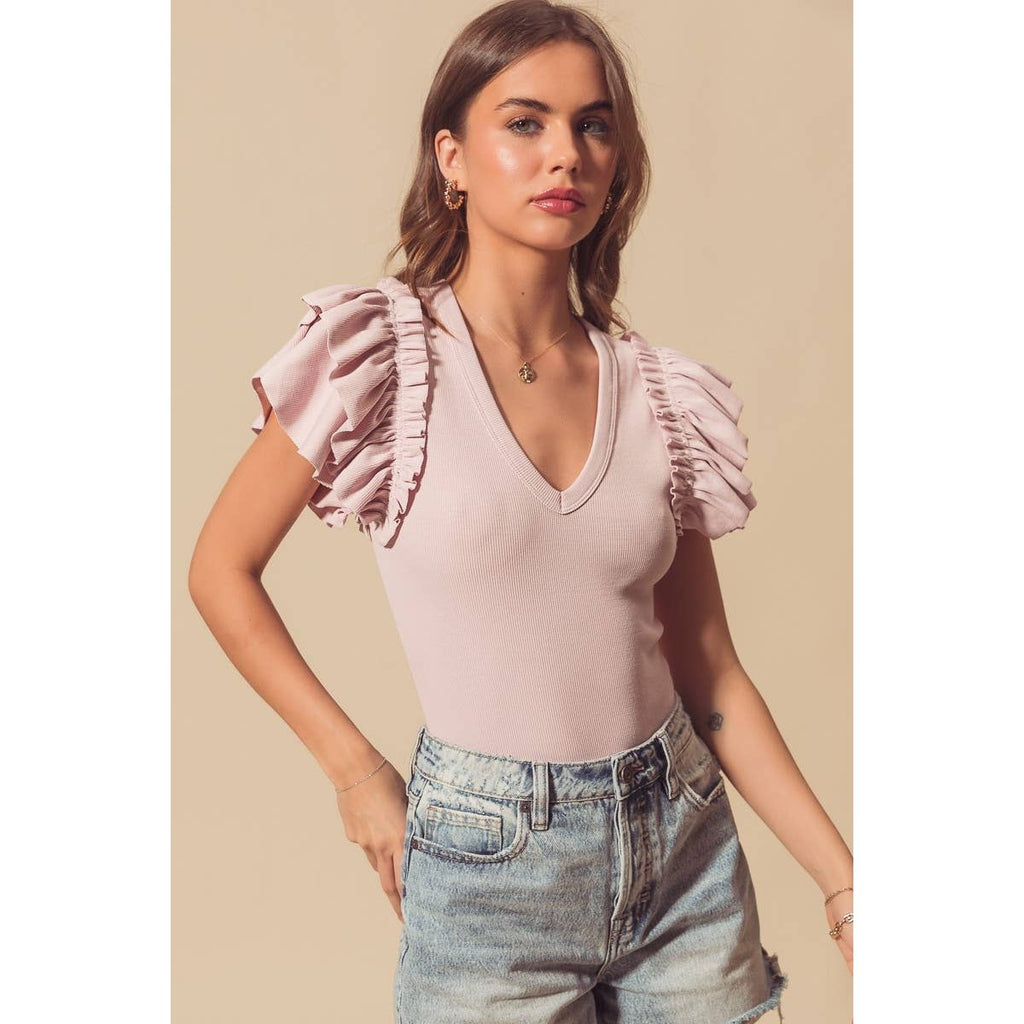 DEEP V NECK RIB KNIT BODYSUIT WITH RUFFLES: MAUVE