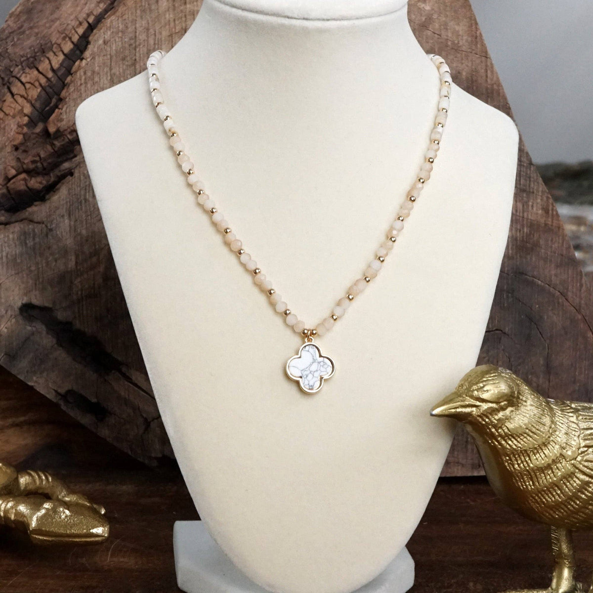 Short Beaded Clover Pendant Necklace with Semi-Precious Stone Beads: White