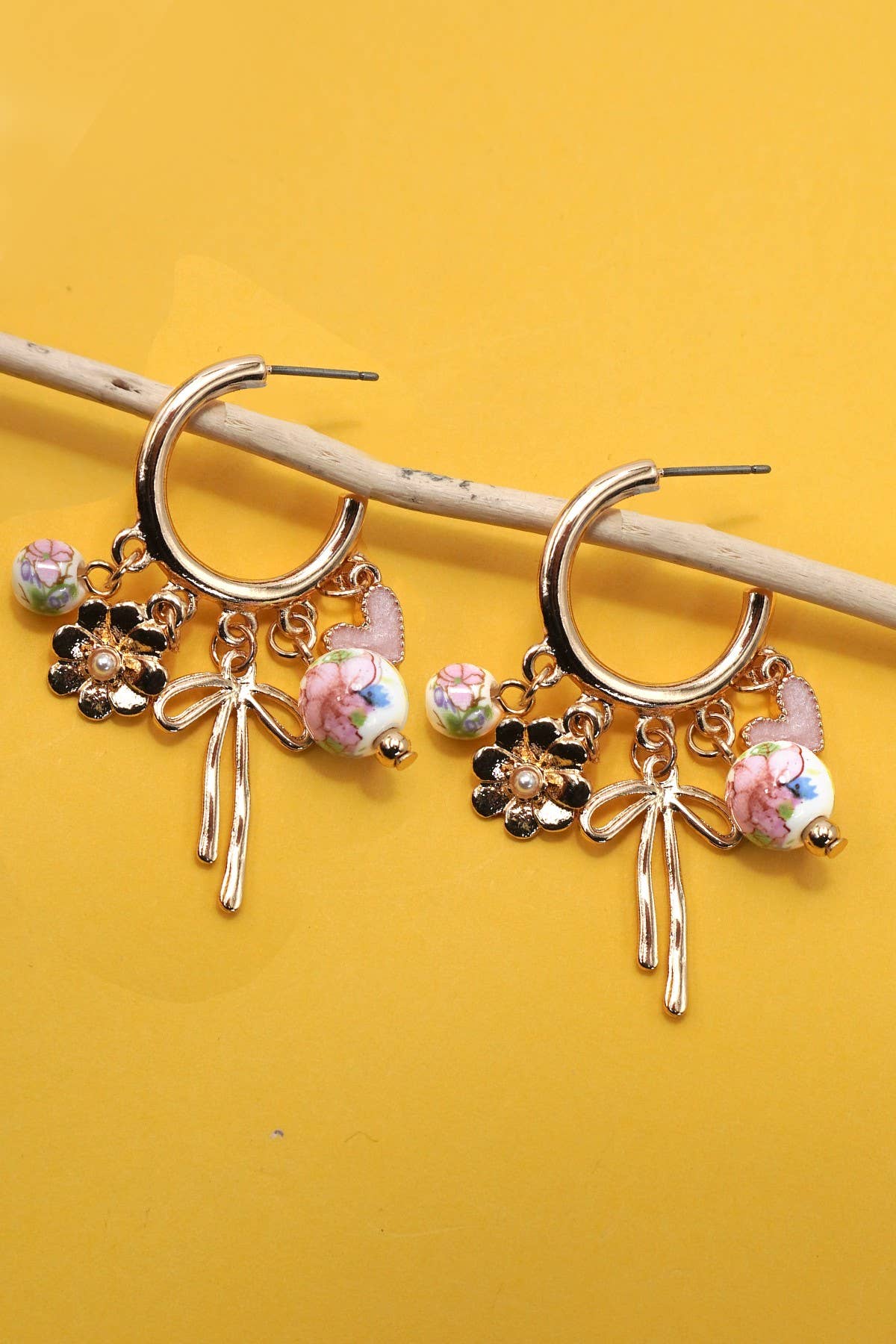 CERAMIC PORCELAIN BOW FLOWER CHARM DROP HOOP | 80E6644: GOLD