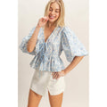 Floral Tie-Front Peplum Top: BLUE