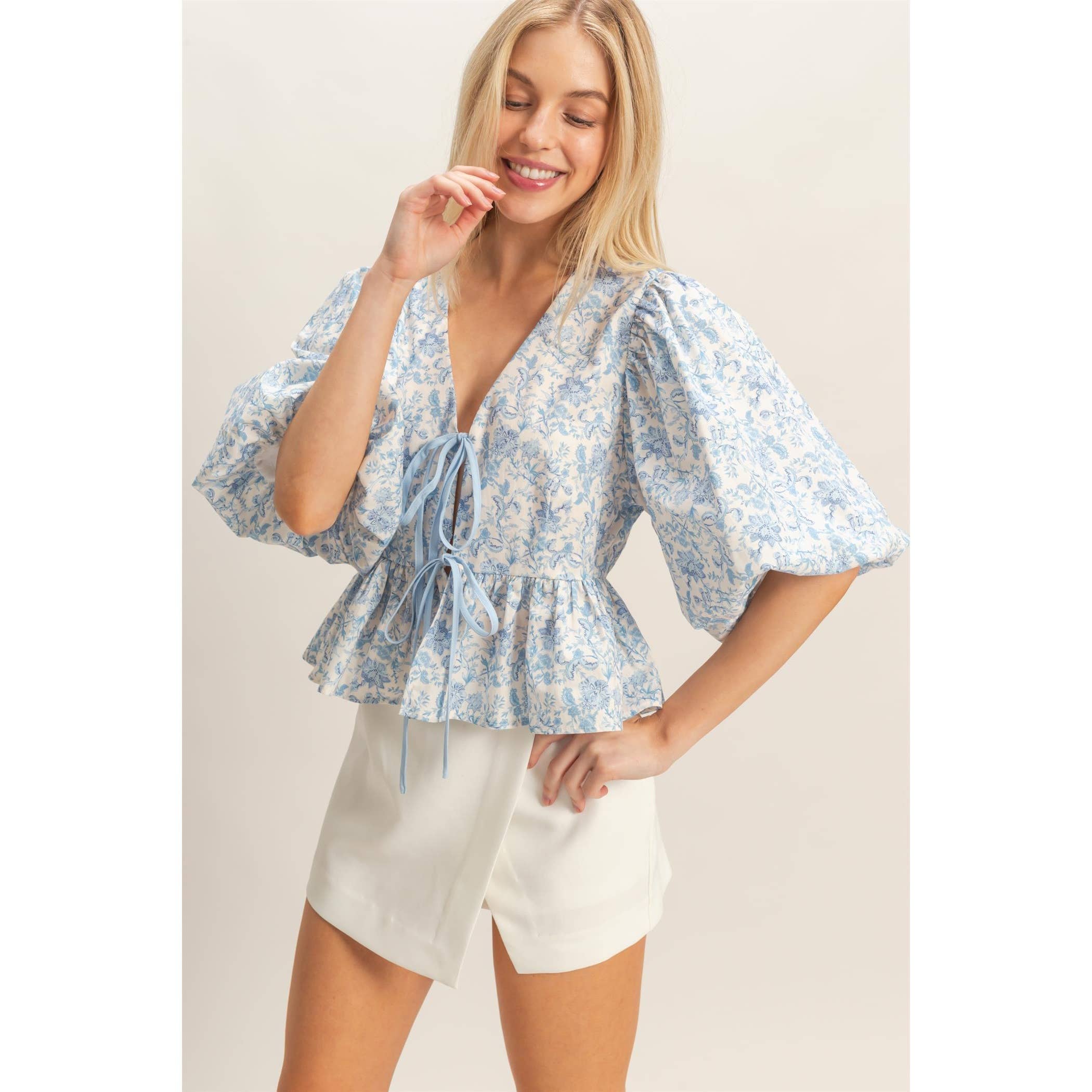 Floral Tie-Front Peplum Top: BLUE