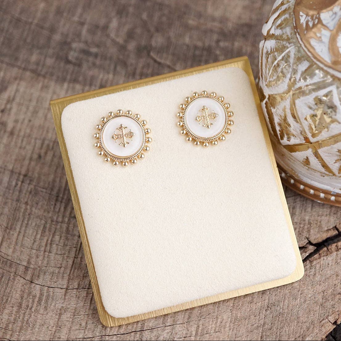 Sunlit Faith Cross Stud Earrings: White