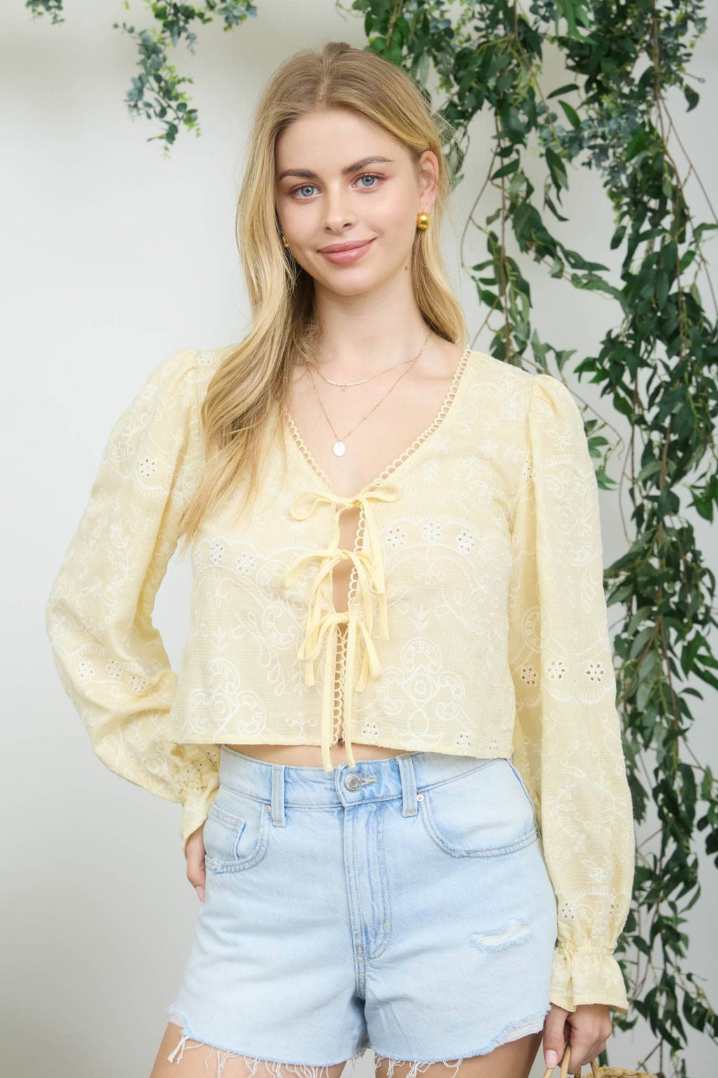 EMBROIDERED PATTERN LONG SLEEVE FRONT TIE CROP TOP : BUTTER YELLOW